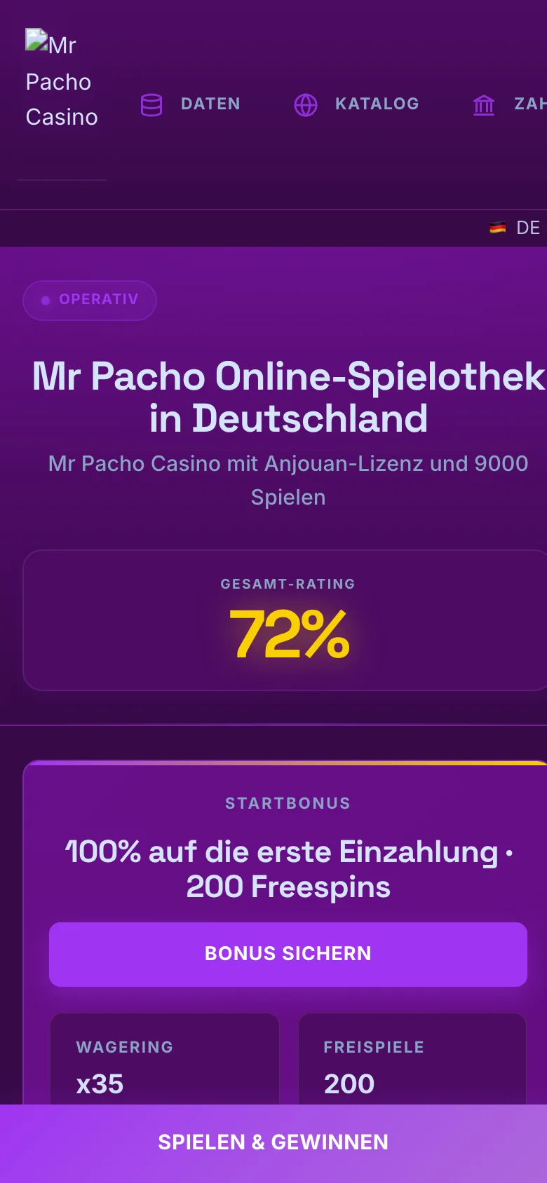 Mr Pacho Casino mobile lobby screenshot